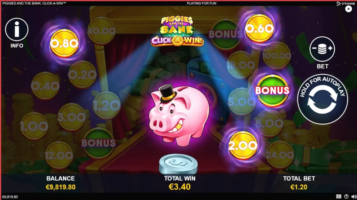 Piggies and the Bank: Click-A-Win slot interface dengan tema babi mewah