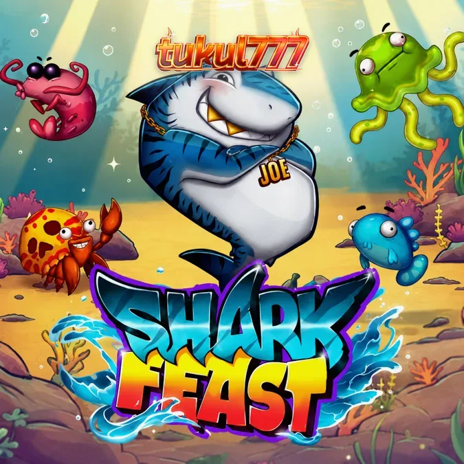 Tampilan visual slot Shark Feast dengan grid 6x6 dan karakter hiu kartun